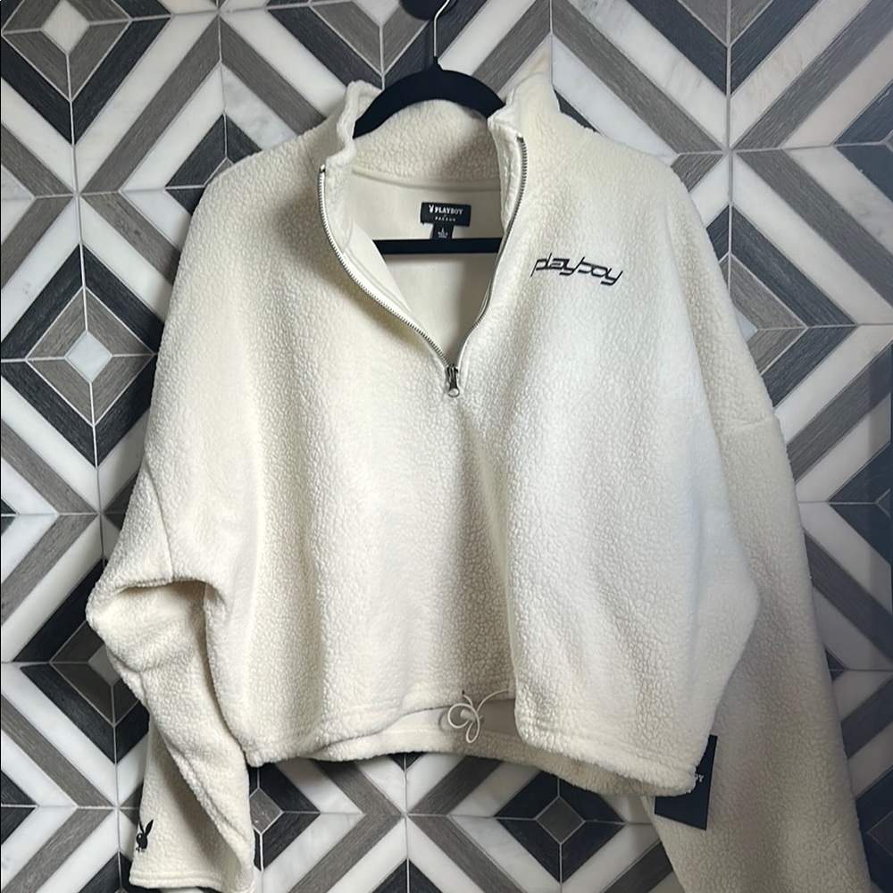 PLAYBOY Cream Teddy Jacket Plush Quarter-Zip